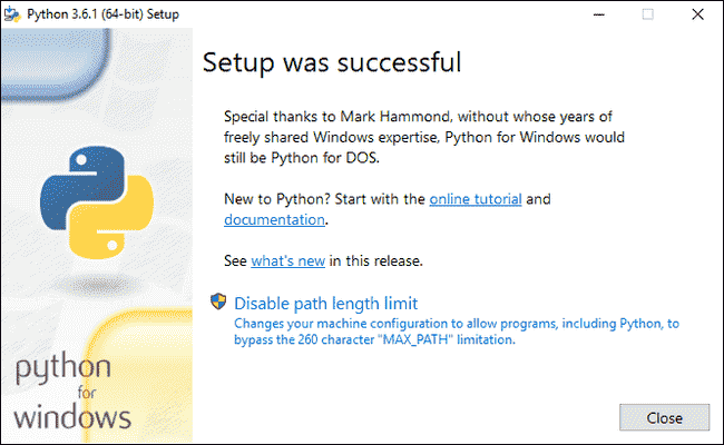 Python setup successful window